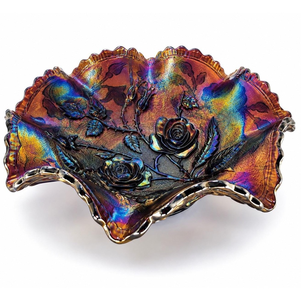 Imperial Glass Open Rose Carnival Glass Bowl Smoke Peacock Iridescent 9" VTG